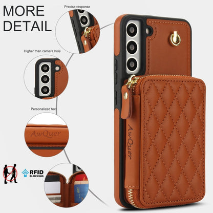 For Samsung Galaxy S22 5G AwQuer Crossbody Zipper Wallet Rhombic Leather Back Phone Case(Brown)