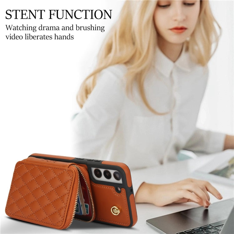 For Samsung Galaxy S22 5G AwQuer Crossbody Zipper Wallet Rhombic Leather Back Phone Case(Brown)