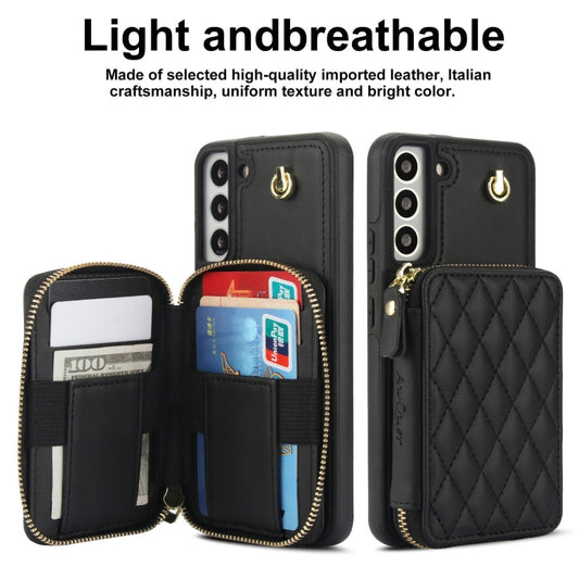 For Samsung Galaxy S22+ 5G AwQuer Crossbody Zipper Wallet Rhombic Leather Back Phone Case(Black)