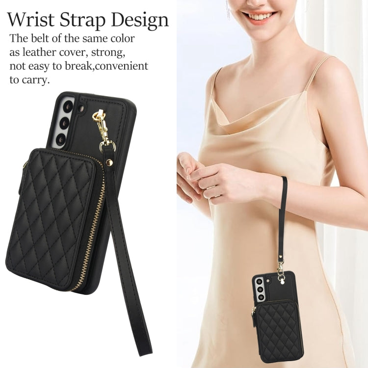 For Samsung Galaxy S22+ 5G AwQuer Crossbody Zipper Wallet Rhombic Leather Back Phone Case(Black)