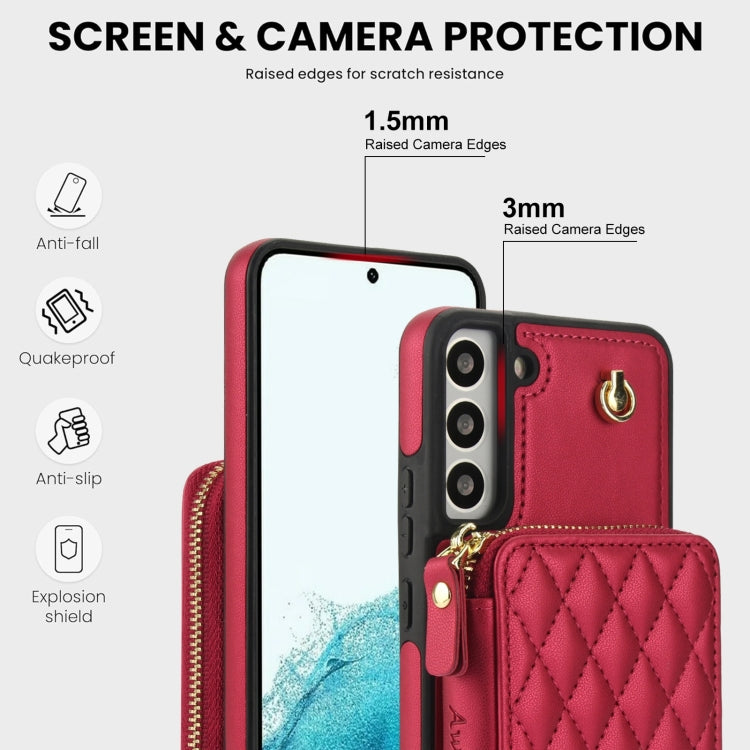 For Samsung Galaxy S22+ 5G AwQuer Crossbody Zipper Wallet Rhombic Leather Back Phone Case(Red)