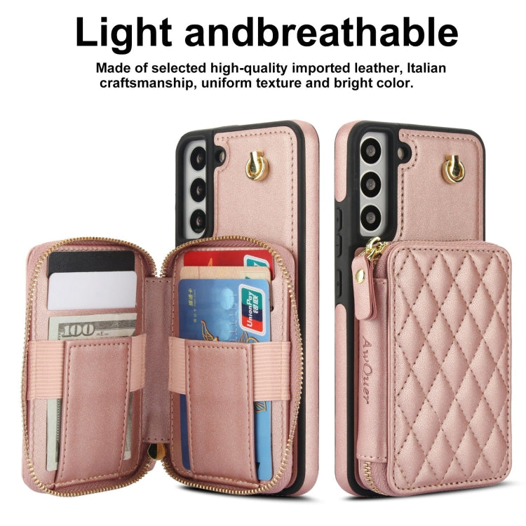 For Samsung Galaxy S22+ 5G AwQuer Crossbody Zipper Wallet Rhombic Leather Back Phone Case(Rose Gold)