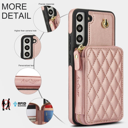 For Samsung Galaxy S22+ 5G AwQuer Crossbody Zipper Wallet Rhombic Leather Back Phone Case(Rose Gold)