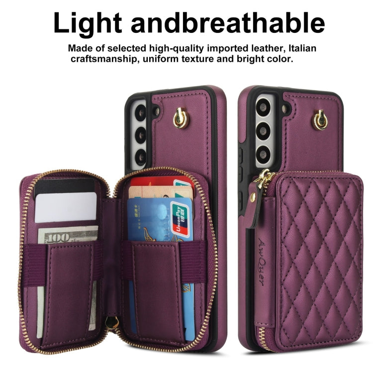 For Samsung Galaxy S22+ 5G AwQuer Crossbody Zipper Wallet Rhombic Leather Back Phone Case(Dark Purple)
