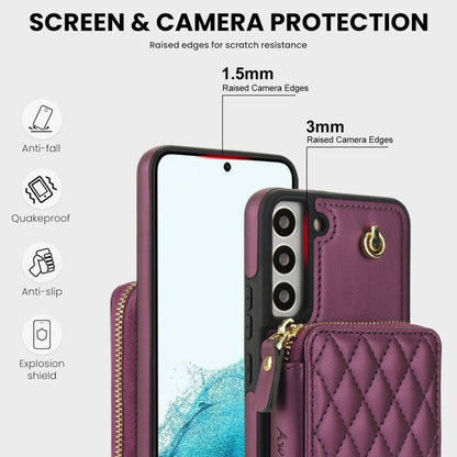 For Samsung Galaxy S22+ 5G AwQuer Crossbody Zipper Wallet Rhombic Leather Back Phone Case(Dark Purple)