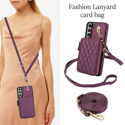 For Samsung Galaxy S22+ 5G AwQuer Crossbody Zipper Wallet Rhombic Leather Back Phone Case(Dark Purple)