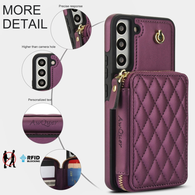 For Samsung Galaxy S22+ 5G AwQuer Crossbody Zipper Wallet Rhombic Leather Back Phone Case(Dark Purple)