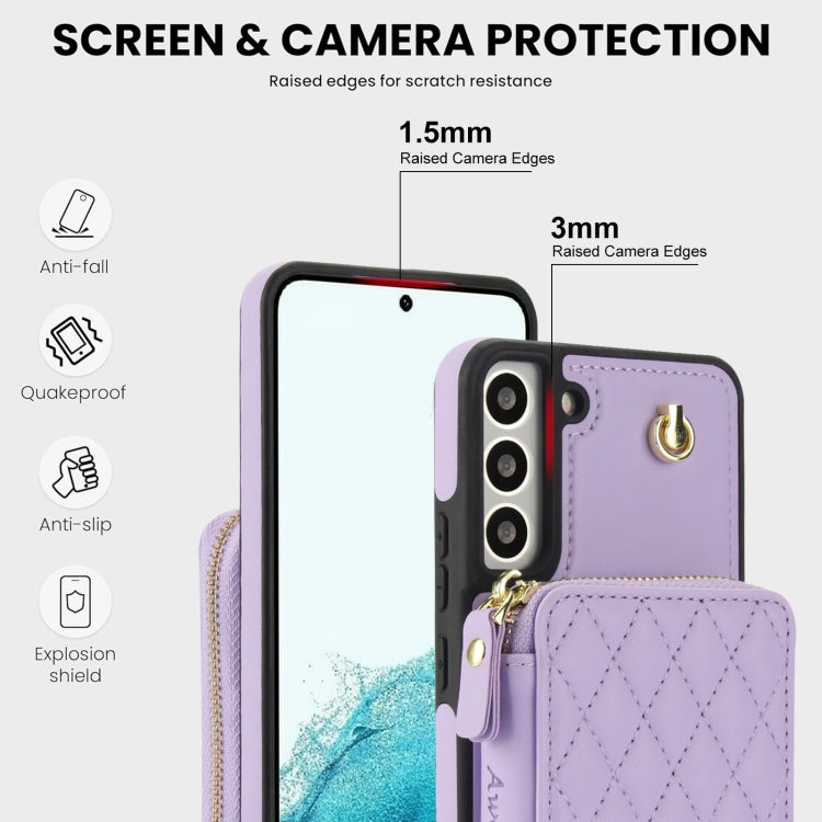 For Samsung Galaxy S22+ 5G AwQuer Crossbody Zipper Wallet Rhombic Leather Back Phone Case(Purple)