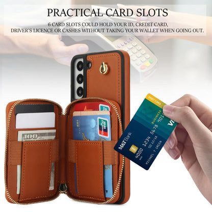 For Samsung Galaxy S22+ 5G AwQuer Crossbody Zipper Wallet Rhombic Leather Back Phone Case(Brown)