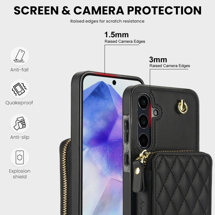 For Samsung Galaxy A55 5G AwQuer Crossbody Zipper Wallet Rhombic Leather Back Phone Case(Black)