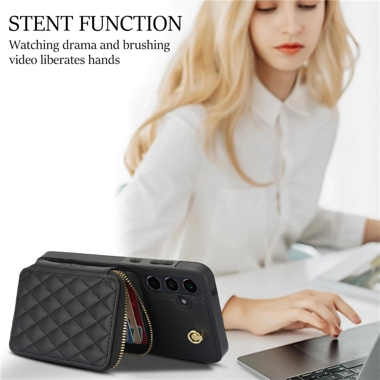 For Samsung Galaxy A55 5G AwQuer Crossbody Zipper Wallet Rhombic Leather Back Phone Case(Black)