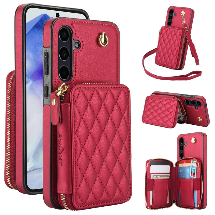For Samsung Galaxy A55 5G AwQuer Crossbody Zipper Wallet Rhombic Leather Back Phone Case(Red)