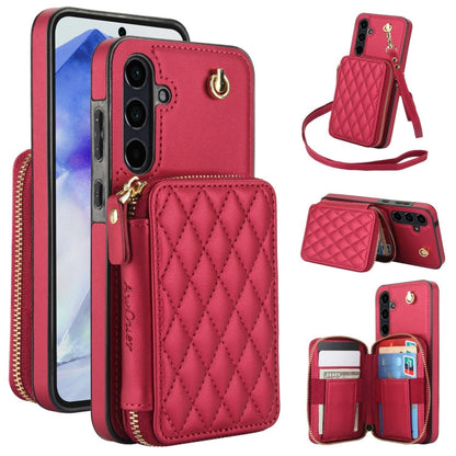 For Samsung Galaxy A55 5G AwQuer Crossbody Zipper Wallet Rhombic Leather Back Phone Case(Red)