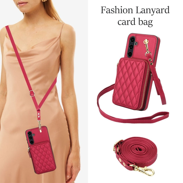 For Samsung Galaxy A55 5G AwQuer Crossbody Zipper Wallet Rhombic Leather Back Phone Case(Red)