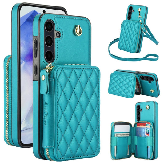 For Samsung Galaxy A55 5G AwQuer Crossbody Zipper Wallet Rhombic Leather Back Phone Case(Green)