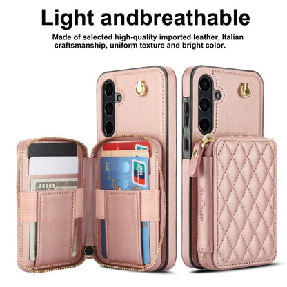 For Samsung Galaxy A55 5G AwQuer Crossbody Zipper Wallet Rhombic Leather Back Phone Case(Rose Gold)
