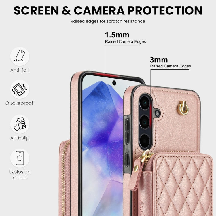 For Samsung Galaxy A55 5G AwQuer Crossbody Zipper Wallet Rhombic Leather Back Phone Case(Rose Gold)