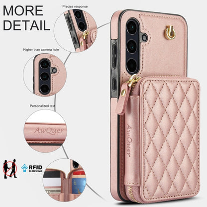 For Samsung Galaxy A55 5G AwQuer Crossbody Zipper Wallet Rhombic Leather Back Phone Case(Rose Gold)