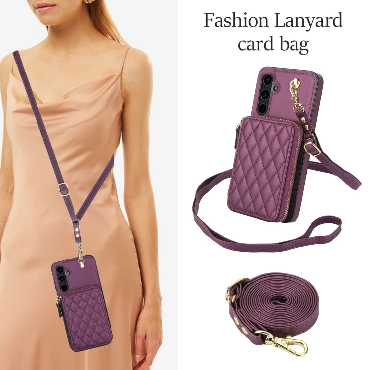 For Samsung Galaxy A55 5G AwQuer Crossbody Zipper Wallet Rhombic Leather Back Phone Case(Dark Purple)