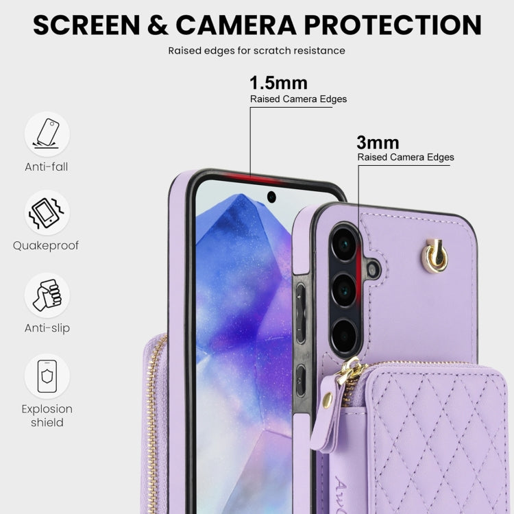 For Samsung Galaxy A55 5G AwQuer Crossbody Zipper Wallet Rhombic Leather Back Phone Case(Purple)