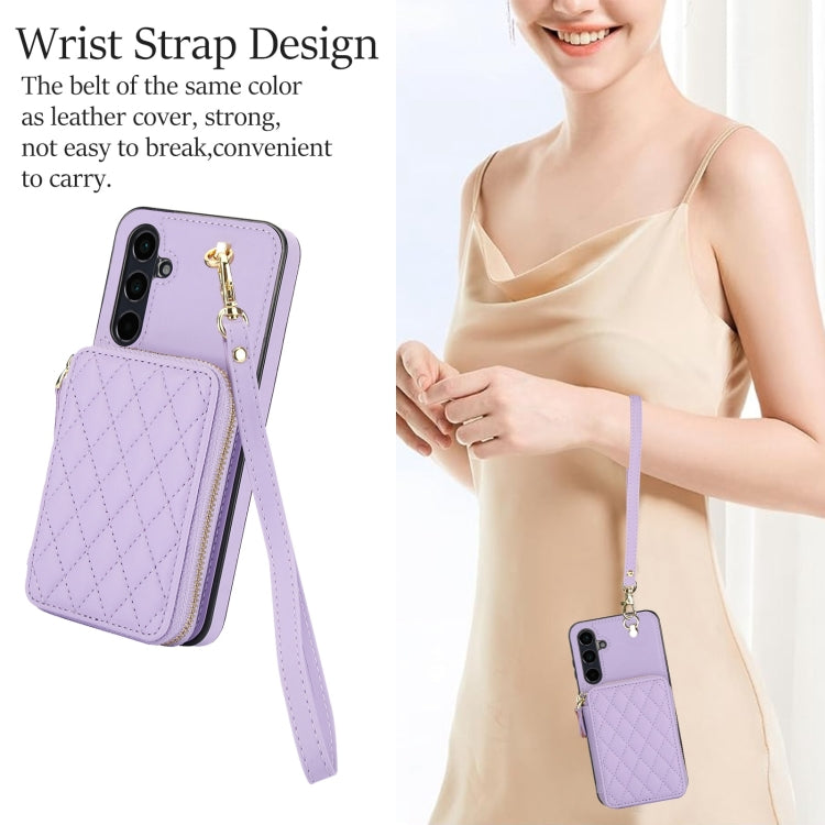 For Samsung Galaxy A55 5G AwQuer Crossbody Zipper Wallet Rhombic Leather Back Phone Case(Purple)