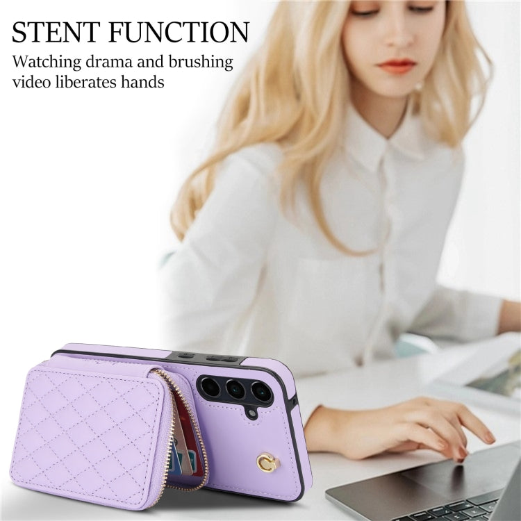 For Samsung Galaxy A55 5G AwQuer Crossbody Zipper Wallet Rhombic Leather Back Phone Case(Purple)