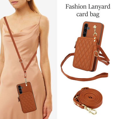 For Samsung Galaxy A55 5G AwQuer Crossbody Zipper Wallet Rhombic Leather Back Phone Case(Brown)