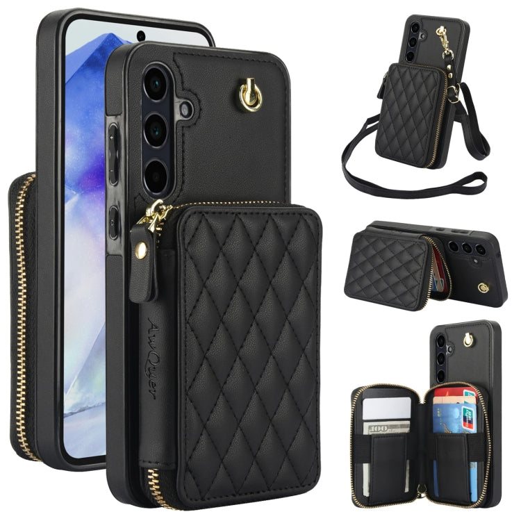 For Samsung Galaxy A35 5G AwQuer Crossbody Zipper Wallet Rhombic Leather Back Phone Case(Black)