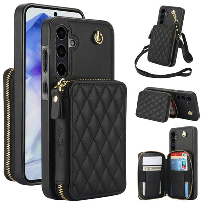 For Samsung Galaxy A35 5G AwQuer Crossbody Zipper Wallet Rhombic Leather Back Phone Case(Black)