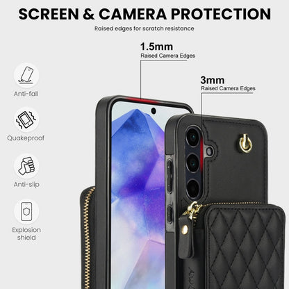 For Samsung Galaxy A35 5G AwQuer Crossbody Zipper Wallet Rhombic Leather Back Phone Case(Black)