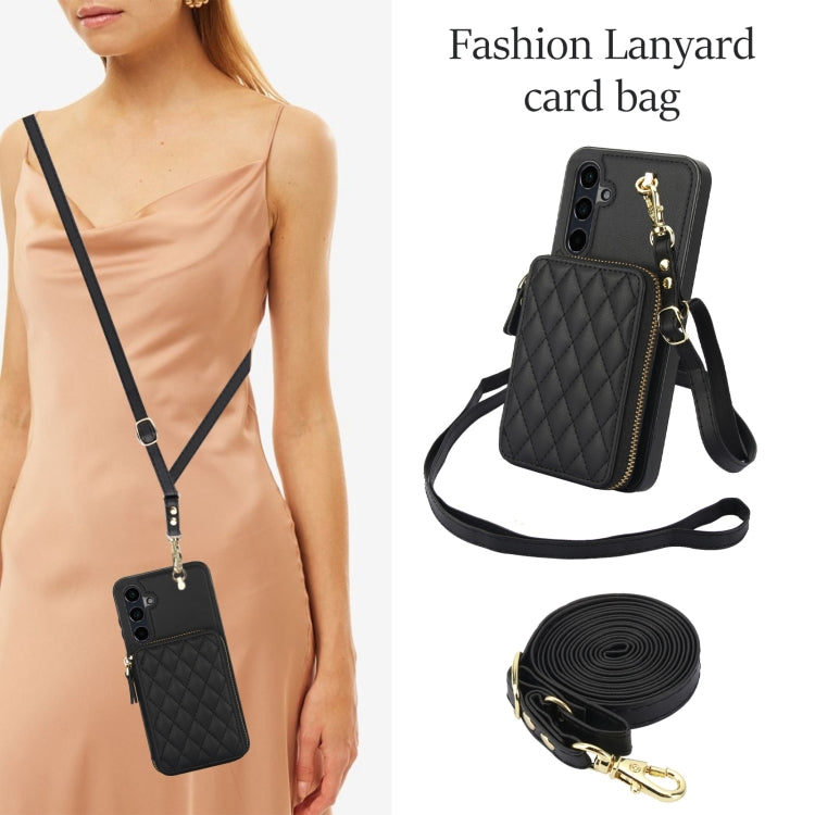 For Samsung Galaxy A35 5G AwQuer Crossbody Zipper Wallet Rhombic Leather Back Phone Case(Black)