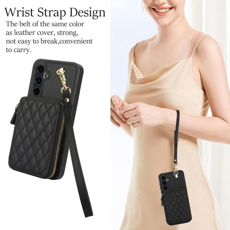 For Samsung Galaxy A35 5G AwQuer Crossbody Zipper Wallet Rhombic Leather Back Phone Case(Black)