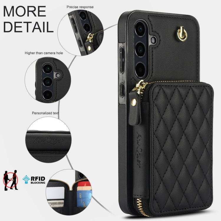 For Samsung Galaxy A35 5G AwQuer Crossbody Zipper Wallet Rhombic Leather Back Phone Case(Black)