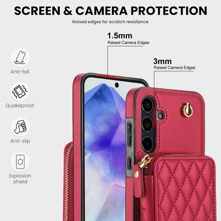 For Samsung Galaxy A35 5G AwQuer Crossbody Zipper Wallet Rhombic Leather Back Phone Case(Red)