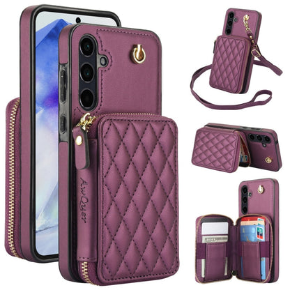 For Samsung Galaxy A35 5G AwQuer Crossbody Zipper Wallet Rhombic Leather Back Phone Case(Dark Purple)