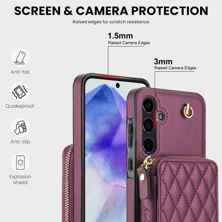 For Samsung Galaxy A35 5G AwQuer Crossbody Zipper Wallet Rhombic Leather Back Phone Case(Dark Purple)