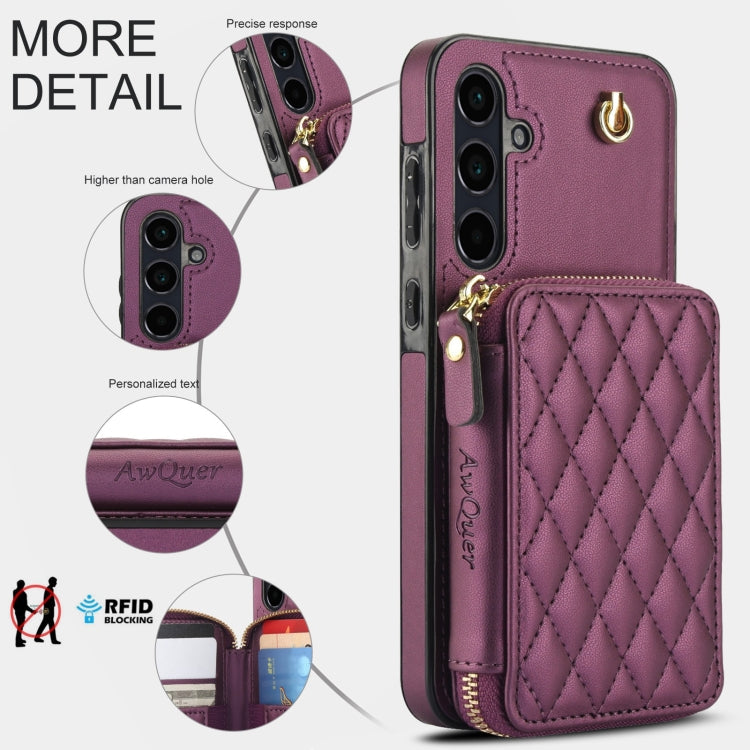 For Samsung Galaxy A35 5G AwQuer Crossbody Zipper Wallet Rhombic Leather Back Phone Case(Dark Purple)