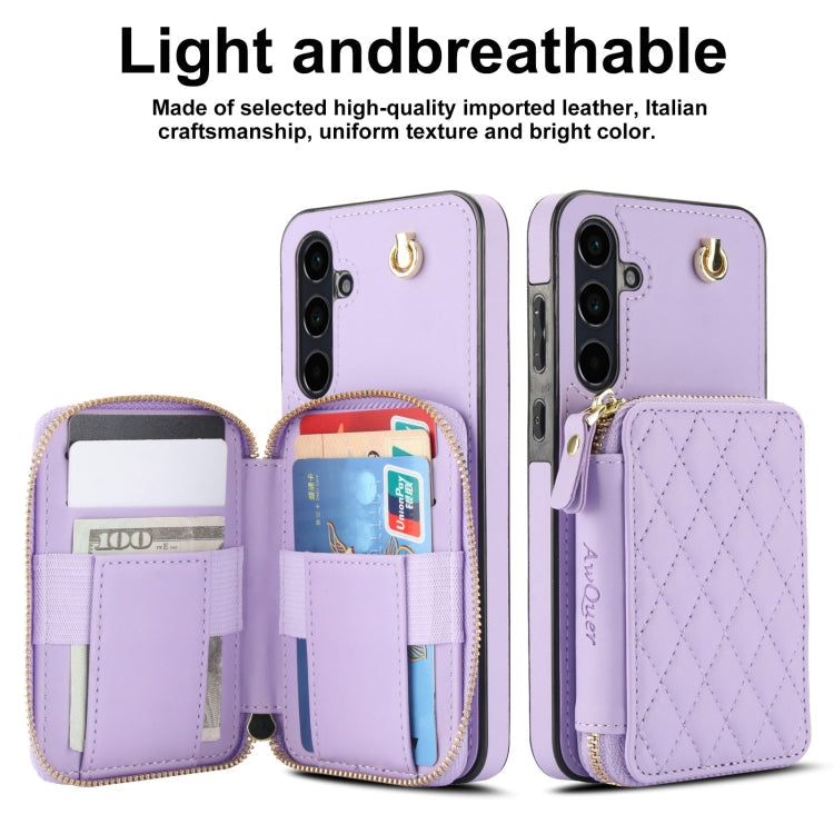 For Samsung Galaxy A35 5G AwQuer Crossbody Zipper Wallet Rhombic Leather Back Phone Case(Purple)