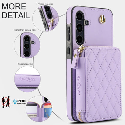 For Samsung Galaxy A35 5G AwQuer Crossbody Zipper Wallet Rhombic Leather Back Phone Case(Purple)