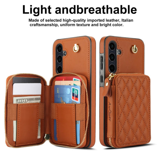 For Samsung Galaxy A35 5G AwQuer Crossbody Zipper Wallet Rhombic Leather Back Phone Case(Brown)