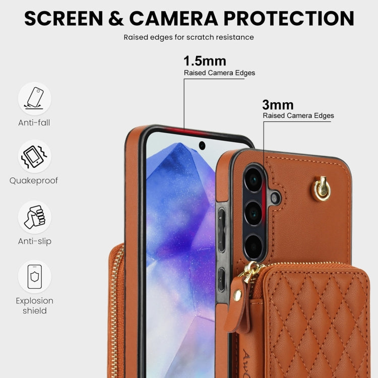 For Samsung Galaxy A35 5G AwQuer Crossbody Zipper Wallet Rhombic Leather Back Phone Case(Brown)