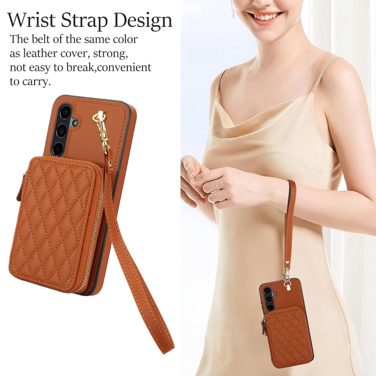 For Samsung Galaxy A35 5G AwQuer Crossbody Zipper Wallet Rhombic Leather Back Phone Case(Brown)