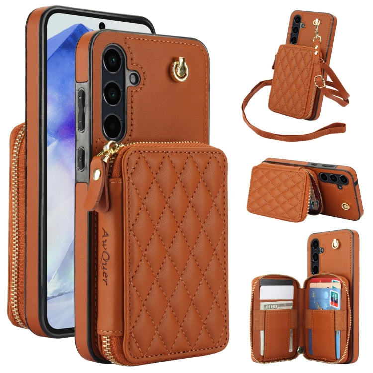 For Samsung Galaxy A35 5G AwQuer Crossbody Zipper Wallet Rhombic Leather Back Phone Case(Brown)