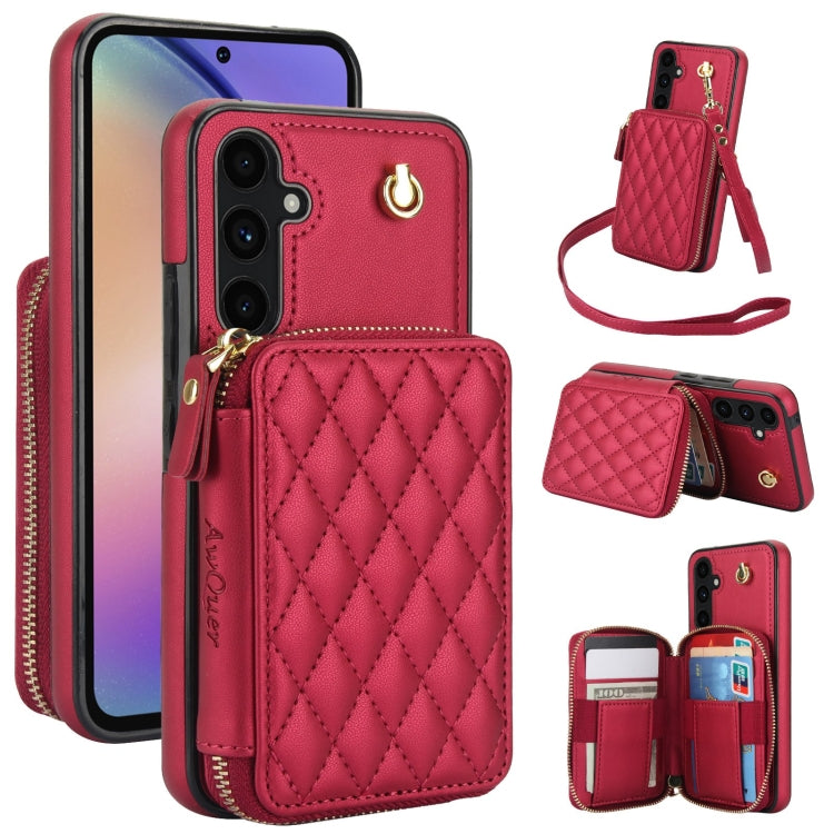 For Samsung Galaxy A54 4G / 5G AwQuer Crossbody Zipper Wallet Rhombic Leather Back Phone Case(Red)
