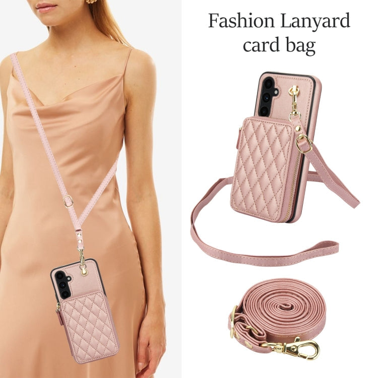 For Samsung Galaxy A54 4G / 5G AwQuer Crossbody Zipper Wallet Rhombic Leather Back Phone Case(Rose Gold)