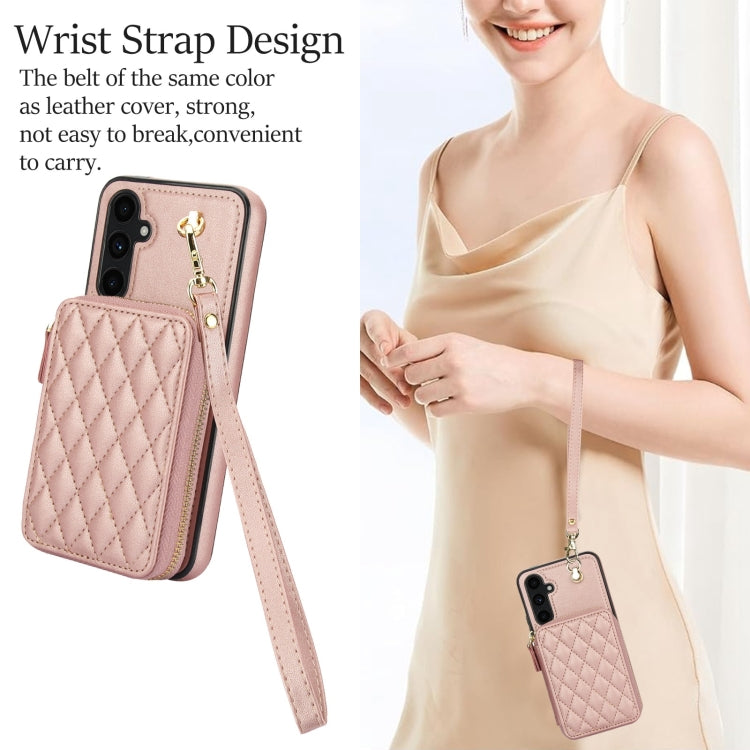 For Samsung Galaxy A54 4G / 5G AwQuer Crossbody Zipper Wallet Rhombic Leather Back Phone Case(Rose Gold)