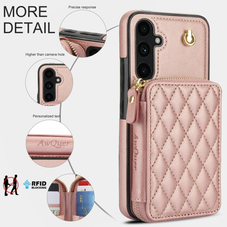 For Samsung Galaxy A54 4G / 5G AwQuer Crossbody Zipper Wallet Rhombic Leather Back Phone Case(Rose Gold)