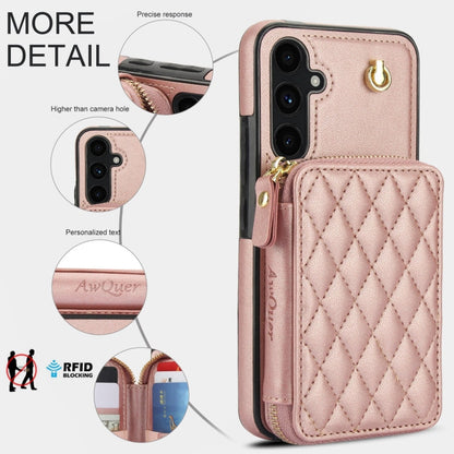 For Samsung Galaxy A54 4G / 5G AwQuer Crossbody Zipper Wallet Rhombic Leather Back Phone Case(Rose Gold)