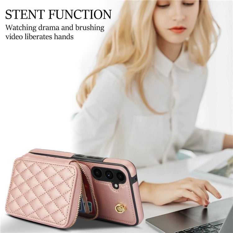 For Samsung Galaxy A54 4G / 5G AwQuer Crossbody Zipper Wallet Rhombic Leather Back Phone Case(Rose Gold)