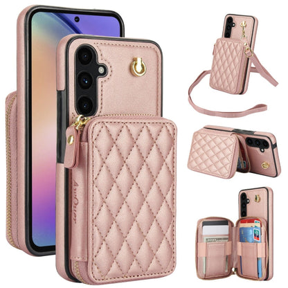 For Samsung Galaxy A54 4G / 5G AwQuer Crossbody Zipper Wallet Rhombic Leather Back Phone Case(Rose Gold)